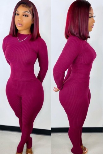 Purple Ribbed Round Neck Slinky Top and Pants Two Piece Set