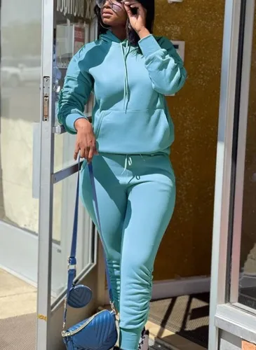 Blue Stacked Drawstring Hoody Top and Pants 2PCS Set
