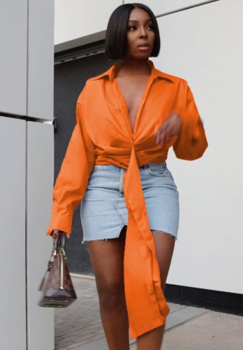 Orange Deep-V Ruched Shirring Blouse