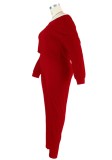 Plus Size Red Boat Neck Irregular Top and Tight Pants Two Piece Set