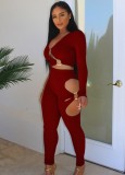 Red Hollow Out O-Ring Tight Crop Top and Pant Two Piece Set