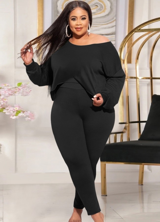 Plus Size Black Boat Neck Irregular Top and Tight Pants Two Piece Set