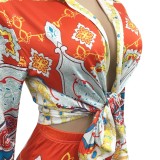 Retro Floral Print Tied Blouse and High Waist Pants Two Piece Set