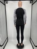 Leopard Print Patchwork Black Raglan Sleeve Top And Pant Two Piece Set