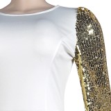 Gold Sequins Puff Sleeve White Backless Mermaid Dress