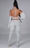 Grey Cut Out Open Back Crop Top and Ruched Pants 2PC Set