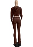 Brown Velvet Zipper Crop Hoody Two Piece Tracksuit