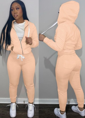 Pale Peach Long Sleeves Drawstring Hoody Top and Pants Two Piece Set