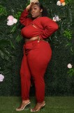 Plus Size Red Long Sleeve Cape and Cami Bra with Pant 3PCS Set