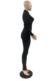 Black Ribbed Round Neck Slinky Top and Pants Two Piece Set