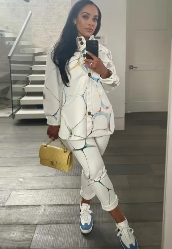 Print White Button Up Long Sleeves Blouse and Pants Two Piece Set