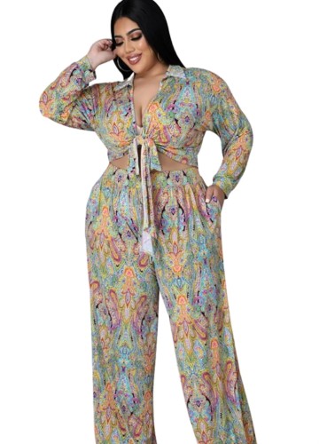 Plus Size Floral Knotted Long Sleeve Blouse and Wide Pants 2PCS Set