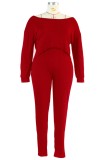 Plus Size Red Boat Neck Irregular Top and Tight Pants Two Piece Set