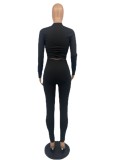 Black Keyhole Long Sleeve Crop Top And Pants Two Piece Set
