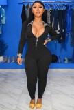Check Collar and Cuff Patchwork Black Zipper Up Jumpsuit