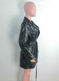 Black PU Leather Turndown Collar Long Blazer Dress with Belt