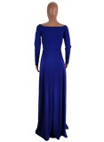 Blue Long Sleeve High Split Evening Dress