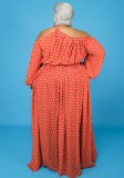 Plus Size Dot Print Orange Irregular Collar Loose Maxi Dress