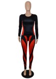 Contrast Color Long Sleeves O-Neck Slim Top and Pants 2PC Set