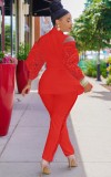 Red Ruffles Lace Turndown Collar Blazer and Pant Two Piece Set