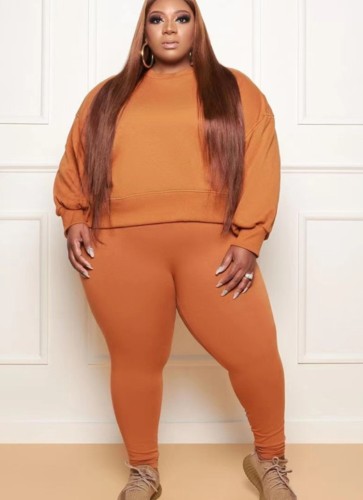 Plus Size Orange Loose Long Sleeve O-Neck Top And Slim Pants 2PCS Set