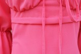 Pink Ruched Off Shoulder Bubble Sleeve Tie Mini Shirring Dress