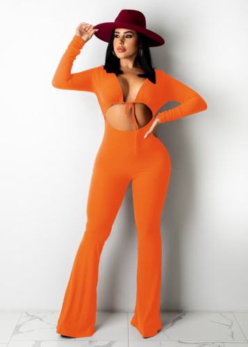 Orange Cut Out Long Sleeves Slim Fit Flare Jumpsuit