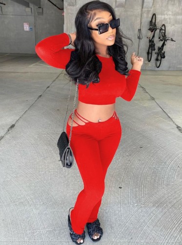 Red Long Sleeve O-Neck Crop Top and Hole Pants Two Piece Set
