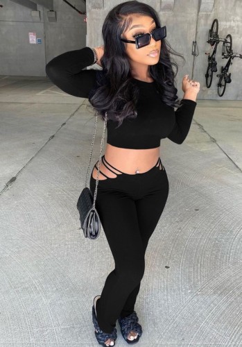 Black Long Sleeve O-Neck Crop Top and Hole Pants Two Piece Set