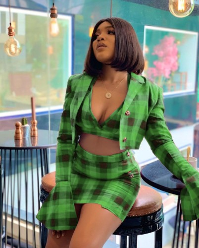 Green Checks Bra and Flare Sleeve Blazer with Mini Dress 3 Piece Set