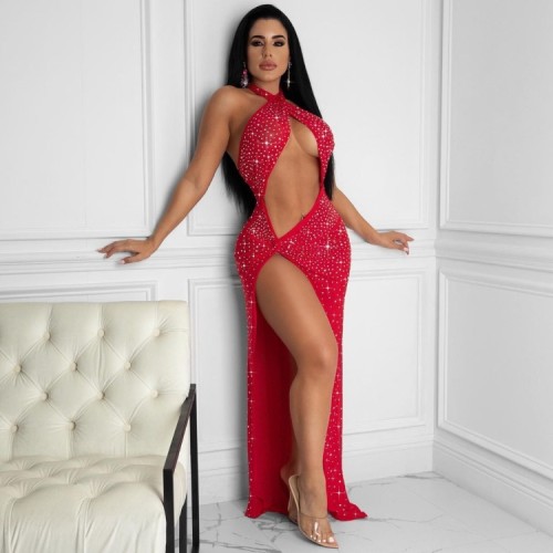 Red Beaded Cut Out Cross Halter Backless Slit Maxi Dress