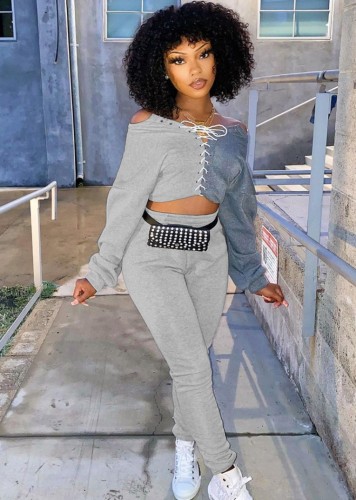 Contrast Lace Up O-Neck Crop Top And Pant Two Piece Set
