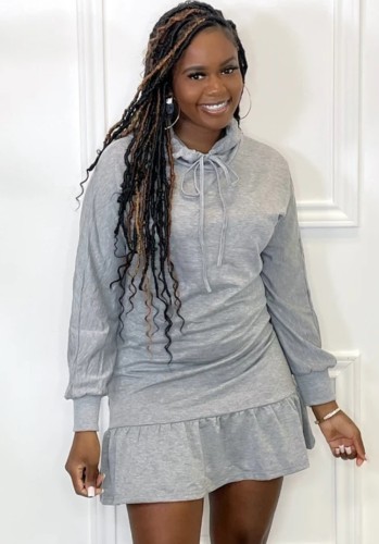 Grey Long Sleeve Frill Hem Midi Drawstring Hoody Dress