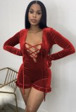 Red Velvet Lace Up Ruffled Plunge Neck Hoody Romper