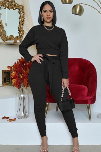 Black Long Sleeve Top and Pant with Matching Belt Two Piece Set