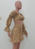 Brown Bubble Sleeve Crop Top and Ruched Shirring Skirt 2PCS Set