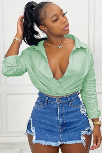 Green Deep-V Turndown Collar Wrap Cropped Blouse