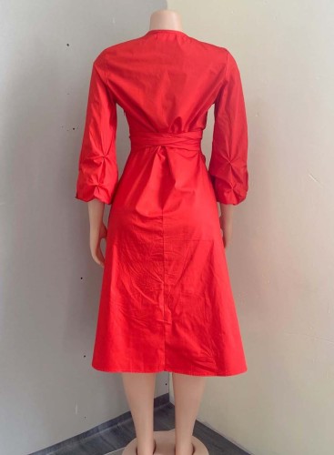 Plus Size Red V-Neck Long Sleeve Midi Dress with Belt