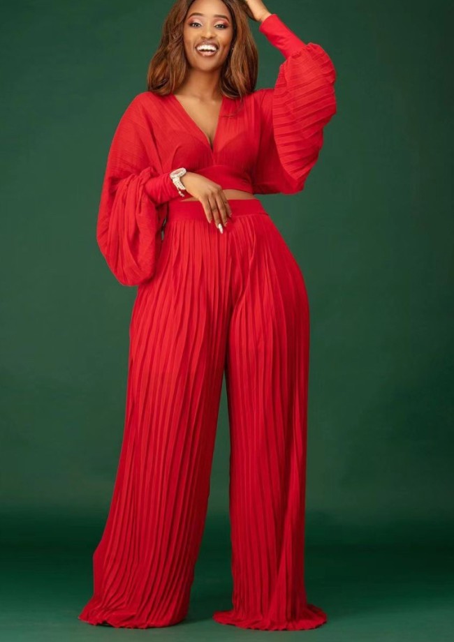 Red Pleated Puff Sleeve Deep-V Crop Top and High Waist Pants 2PCS Set