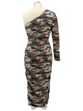 Plus Size Camouflage Print Slant Shoulder One Sleeve Long Dress
