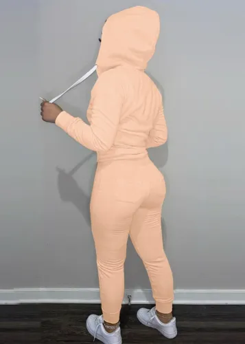 Pale Peach Long Sleeves Drawstring Hoody Top and Pants Two Piece Set