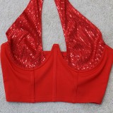 Red Sequin Halter Keyhole Crop Top and Pants Two Piece Set
