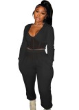 Black Patch V-Neck Long Sleeves Tunic Top and Pants 2PC Set
