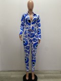 Blue Circle Print White Zipper Up Crop Top and Pant Two Piece Set