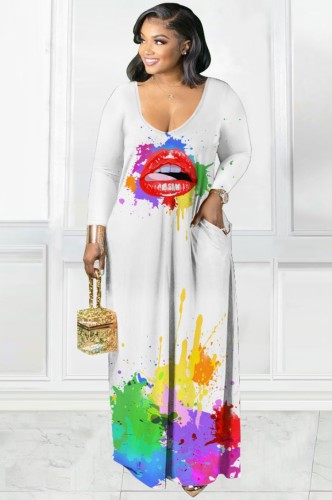 Paints White V-Neck Long Sleeves Maxi Dress with Pocket