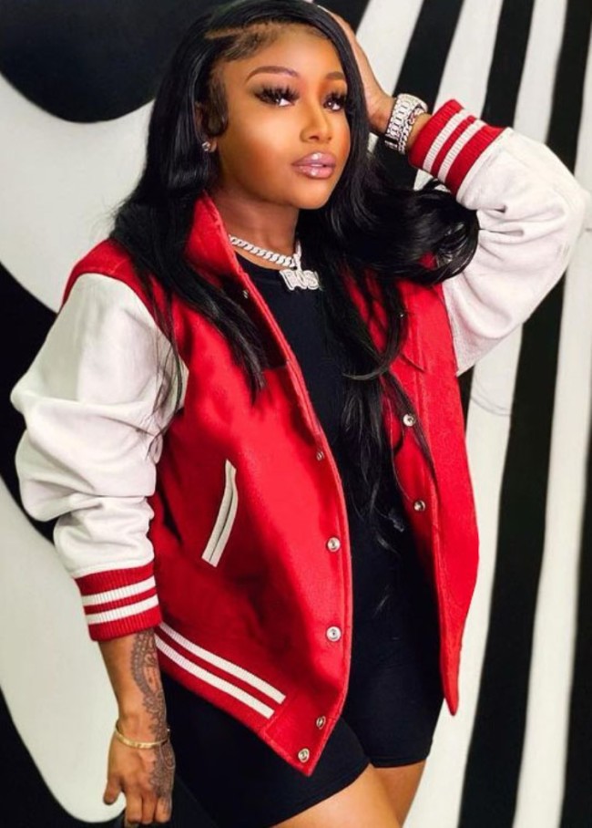 Red With White Contrast Snap Button Baseball Jacket