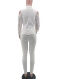White Ruffles Lace Turndown Collar Blazer and Pant Two Piece Set