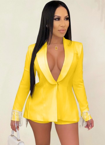 Yellow Tassels Turndown Collar Blazer and Shorts Two Piece Set