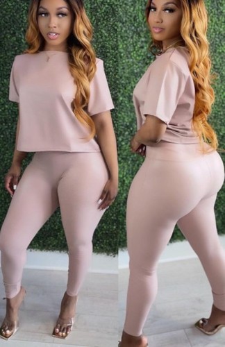 Pink Pu Leather Short Sleeve Top and High Waist Slim Pants 2PCS Set