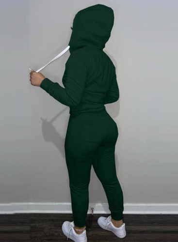 Green Long Sleeves Drawstring Hoody Top and Pants Two Piece Set